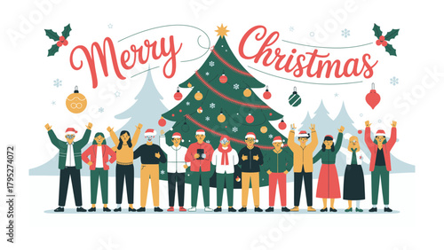 Holiday Cheer & Festive Gathering: A vibrant illustration captures a joyful holiday celebration, as a diverse group of people gather in front of a decorated tree to share the holiday spirit. 