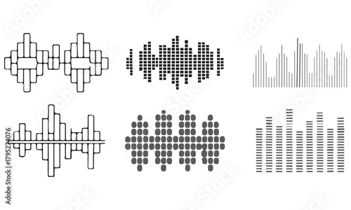  Clean vector set of sound waves and equalizer icons. Monochrome, scalable waveforms ideal for music apps, podcasts, logos, UI, slides, and branding.