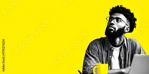 A thoughtful young black man wea glasses looks up while working at a desk with a laptop and bright yellow background in his home office.