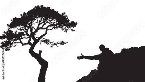 Silhouette of person reaching towards a stylized tree on a rocky outcrop
