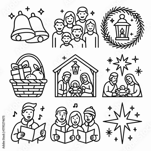 Orthodox Christmas Icons. Orthodox Christmas Celebration outline icon set: church bells, joyful crowd, pine wreath, lantern light, nativity scene, gift basket, carolers, holy star.