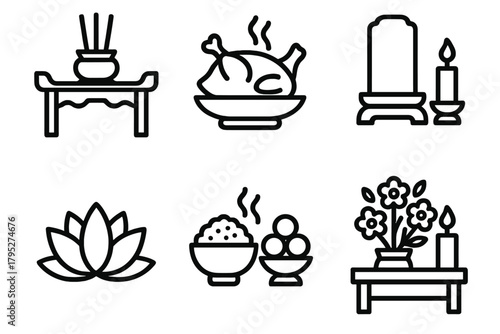 Chinese New Year Ceremony. Chinese New Year Family Ritual outline icon set: altar table, incense pot, food offering, ancestral tablet, candle flame, lotus.