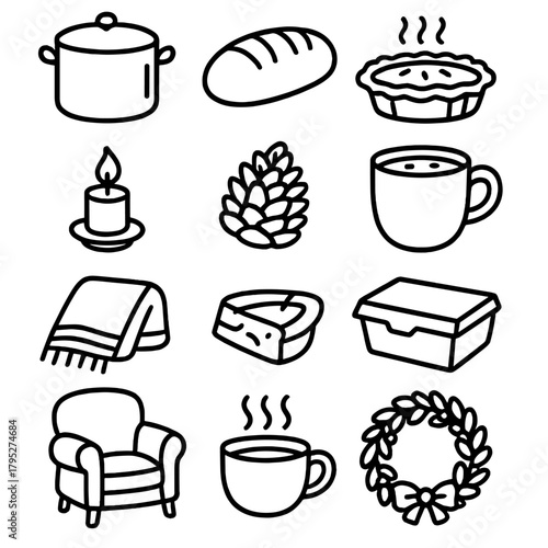 Cozy Kitchen Icons. Cozy Kitchen Gathering outline icon set: stew pot, bread loaf, pie, soup mug, candle, warm towel, pinecone, leftovers box, cup of tea, cozy chair, blanket,