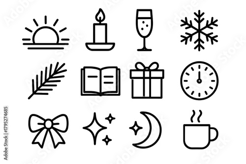 Festive Icons Collection. Christmas & New Year New Beginnings outline icon set: rising sun, candlelight, champagne flute, snowflake, pine sprig, open notebook, wrapped present,