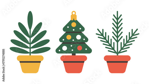 Festive Trio of Potted Plants: Three charming potted plants, each showcasing a unique botanical design, bring a touch of cheer and seasonal flair to any setting.