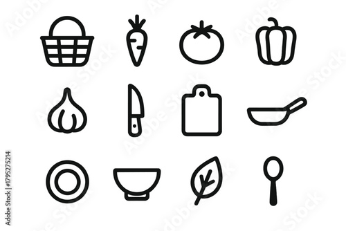 Local Ingredients Icons. Local Ingredients Icons linear icons: basket, carrot, tomato, pepper, garlic, knife, cutting board, pan, plate, bowl, leaf, spoon.