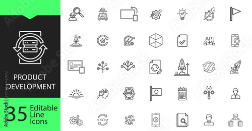 Product development line icon set. 35 editable outline symbols for software engineering, agile process, startup launch, API, and prototyping.