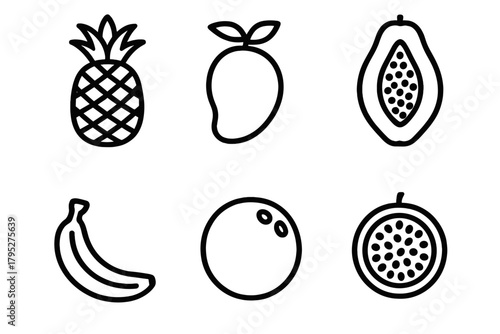 Tropical Fruit Icons. Tropical Fruits linear icons: pineapple, mango, papaya, banana, coconut, passion fruit.