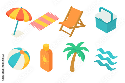 Beach Essentials Icons. Beach Setup flat icons: umbrella, towel, beach chair, cooler, ball, sunscreen, palm tree, waves.