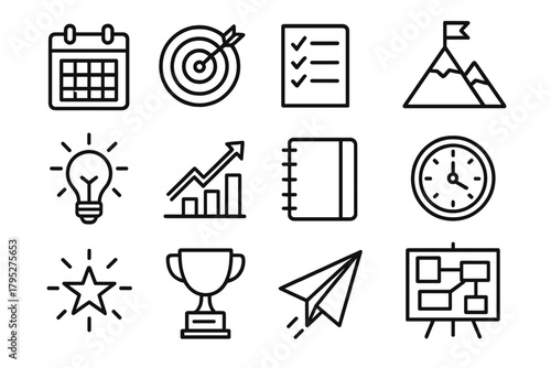 Goal Setting Icons. Goal Setting linear icons: calendar page, target symbol, checklist, mountain peak, light bulb, growth arrow, journal notebook, clock, inspiration spark, trophy.