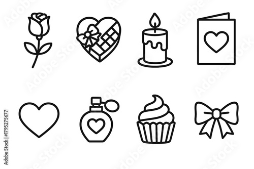 Romantic Icon Set. Romantic Celebration linear icons: rose, chocolate box, candle, card, heart, perfume bottle, cupcake, bow.