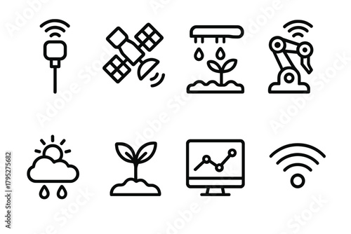 Futuristic Farming Icons. Smart Farming linear icons: soil probe, satellite, irrigation system, robot arm, weather icon, plant sprout, data chart, WiFi signal.