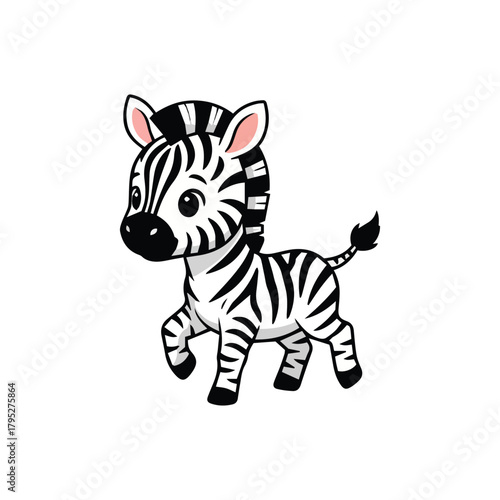 A cute baby zebra with black and white stripes trotting, cartoon vector illustration on a white background.
