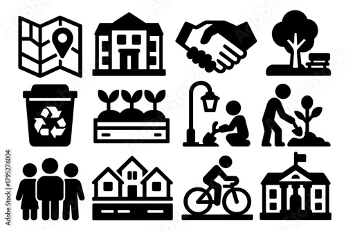 Brutalist Community Icons. Local Development silhouette icons set: town map, community center, handshake, city park, recycling bin, garden plot, streetlight, tree planting, family.