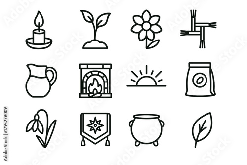 Imbolc Symbol Icons. Imbolc Celebration linear icons: candle flame, spring sprout, white flower, woven Brigid’s cross, milk jug, hearth fire, sunrise, seed bag, altar cloth.