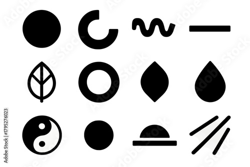 Brutalist Icon Set. Minimal Harmony silhouette icons set: circle, curve, wave, line, leaf outline, gradient ring, petal, droplet, yin yang, dot, horizon, beam.