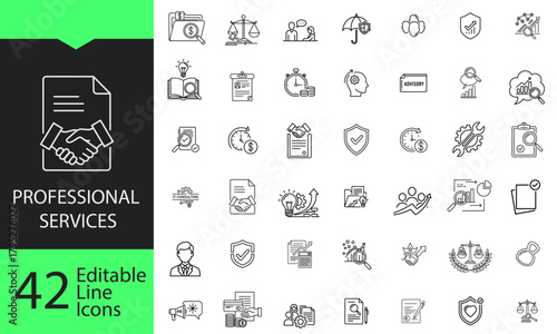 Professional services line icon set. 42 editable outline symbols for legal, finance, consulting, business advisory, and management.