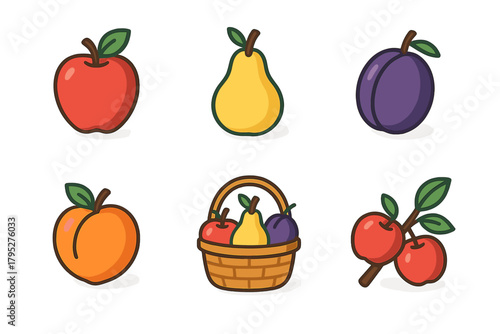 Vibrant Orchard Icons. Orchard Harvest flat icons: apple, pear, plum, peach, basket, branch.