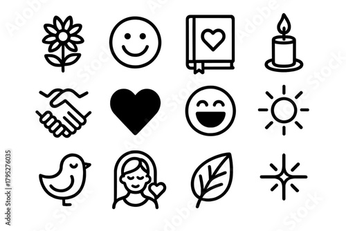 Icons of Emotional Renewal. Emotional Rejuvenation linear icons: blooming flower, smiling face, gratitude journal, candlelight, friendship hands, love heart, laughter icon, warm.
