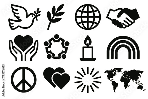 Global Peace Icons. Global Awareness for Peace – Unity Symbols silhouette icons set: peace dove, olive branch, globe, handshake, heart in hands, unity circle, candle flame, rainbow.