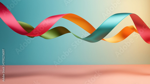 Colorful christmas ribbon swirl with festive mood floating above pastel background, vibrant decoration for holiday celebration and joyful