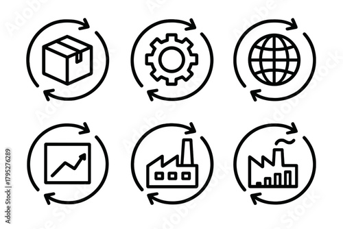 Closed Loop Icons. Closed Loop System linear icons: arrows circle, box, gear, globe, chart, factory.