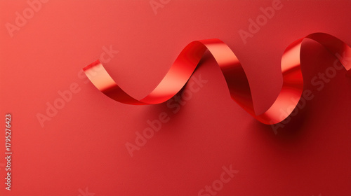 Christmas red ribbon curls elegantly on vibrant red background creating festive and joyful holiday atmosphere perfect for seasonal decoration