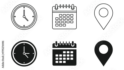 Time, date, and location silhouette icons isolated on white background, Vector