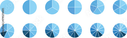 Circle pie chart diagram. Circle division infographic icon set. Loading bar set diagram multicolored collection. Pie chart divided 1,2,3,4,5,6,7,8,9,10,11,12 equal parts.	