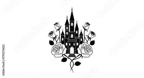 Enchanting castle silhouette framed by delicate roses, evoking fairytale magic and romance