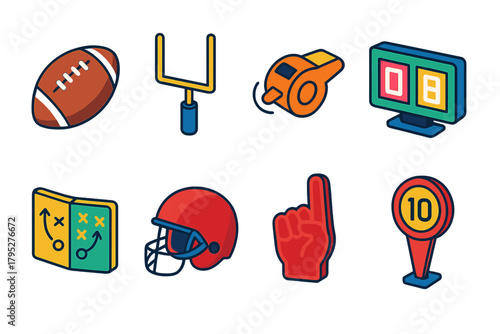 Super Bowl Icons. Super Bowl Sunday Game Day flat icons: football, goalpost, referee whistle, scoreboard, playbook, helmet, foam finger, yard line marker.