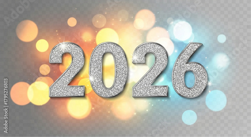 A shimmering vision of the future unfolds, with the year 2026 emblazoned in elegant silver numbers, set against a backdrop of soft bokeh lights. vector illustration