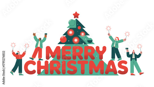 Joyful Christmas Celebration: A festive illustration of diverse individuals gathered around a vibrant Christmas tree, spreading cheer. 