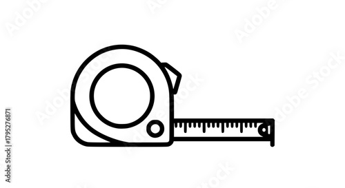 Vector of a retractable measuring tape, black and white, clean outlines, simple shapes, minimalistic tool icon style