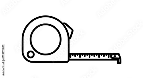 Vector of a retractable measuring tape, black and white, clean outlines, simple shapes, minimalistic tool icon style