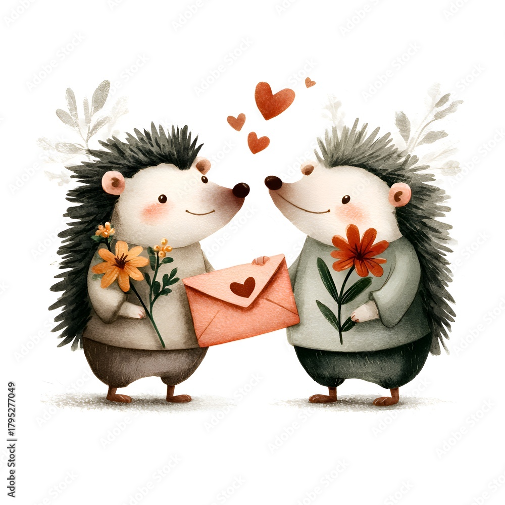 Obraz premium Two adorable hedgehogs lovingly exchange a romantic letter and beautiful flowers on Valentines Day illustration against white background.