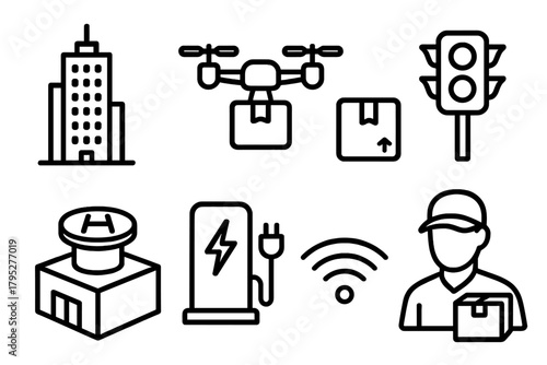 Drone Delivery Icons. Urban Delivery linear icons: skyscraper, drone in flight, parcel box, traffic light, rooftop pad, charging dock, WiFi signal, courier icon.