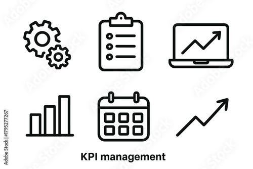 KPI Management Icons. KPI management linear icons: gears, clipboard, laptop with chart, bar graph, calendar, upward trend line.