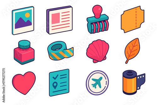 Memory Keeping Icons. Memory Keeping flat icons: polaroid photo, journal page, date stamp, ticket corner, ink bottle, washi tape, seashell, pressed leaf, heart sticker, trip.