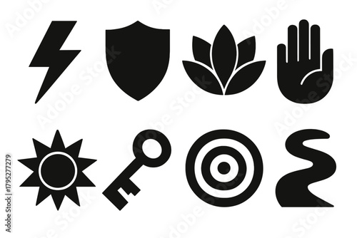 Inner Power Icons. Inner Power Symbols silhouette icons set: lightning bolt, shield, lotus flower, open hand, sun, key, target, path.