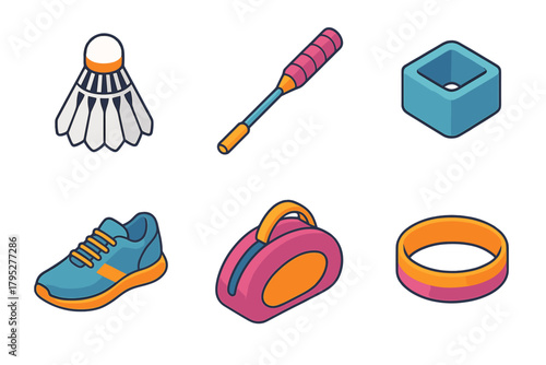 Badminton Gear Icons. Equipment Set flat icons: shuttlecock, racket grip, wristband, shoes, bag, headband.