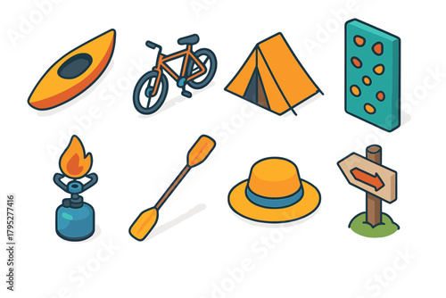 Isometric Outdoor Icons. Outdoor Recreation flat icons: kayak, bicycle, tent, climbing wall, camp stove, canoe paddle, sun hat, hiking trail marker.