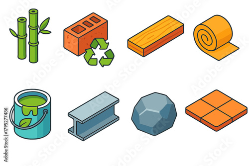 Sustainable Materials Icons. Sustainable Materials flat icons: bamboo, recycled brick, wood plank, insulation roll, eco paint can, metal beam, stone, tile.