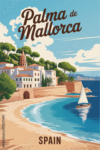 Travel poster mallorca spain featuring tropical resort scenery with palm trees