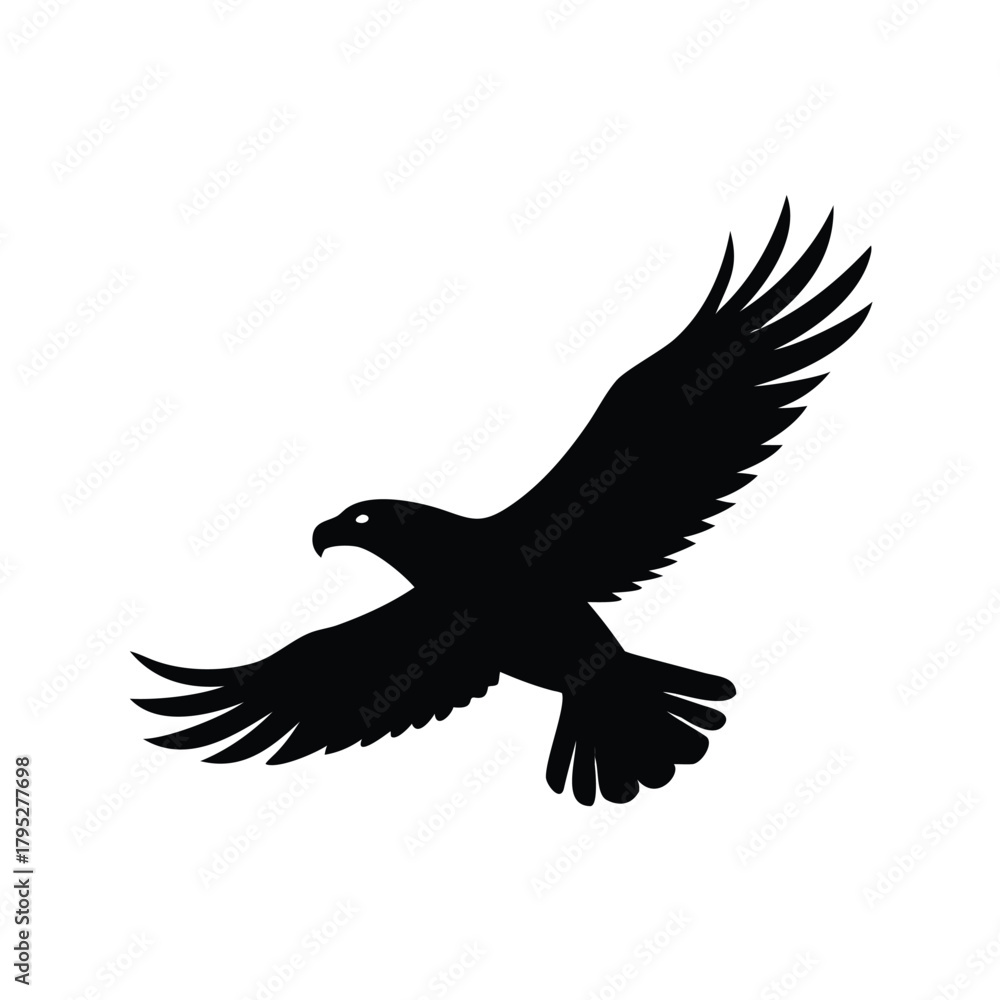 Fototapeta premium A black silhouette of an eagle with wings spread against white background