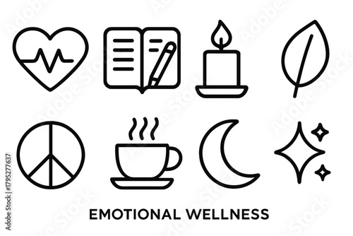 Emotional Wellness Icons. Emotional Wellness linear icons: heart pulse, journal, candle, leaf, peace symbol, tea cup, moon, sparkle.