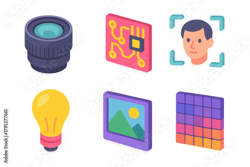 Isometric AI Icons. AI Photography flat icons: camera lens, circuit board, face recognition frame, light bulb, gallery image, pixel grid.