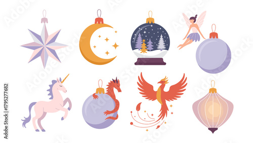 Whimsical Ornaments Collection: A set of unique, pastel-colored ornaments for holiday decorating, each with its own special design and magical charm. A unicorn and dragon add extra touch.