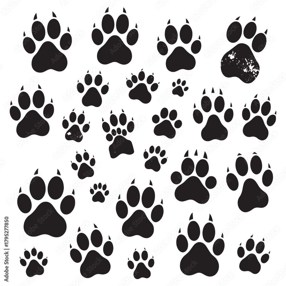 Fototapeta premium Dynamic black paw prints create a playful pattern, perfect for animal lovers and wild adventures