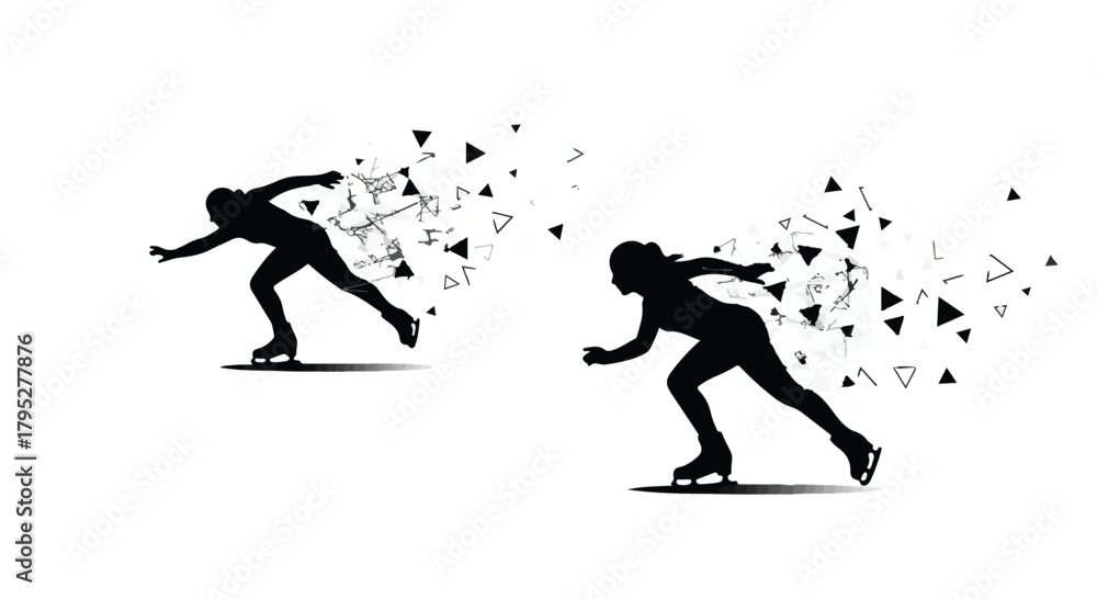 Fototapeta premium Two speed skaters in silhouette, their forms dissolving into abstract geometric shapes, conveying motion and energy.